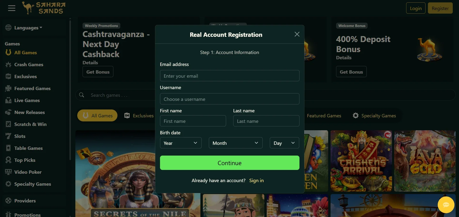 Sahara Sands Casino sign up